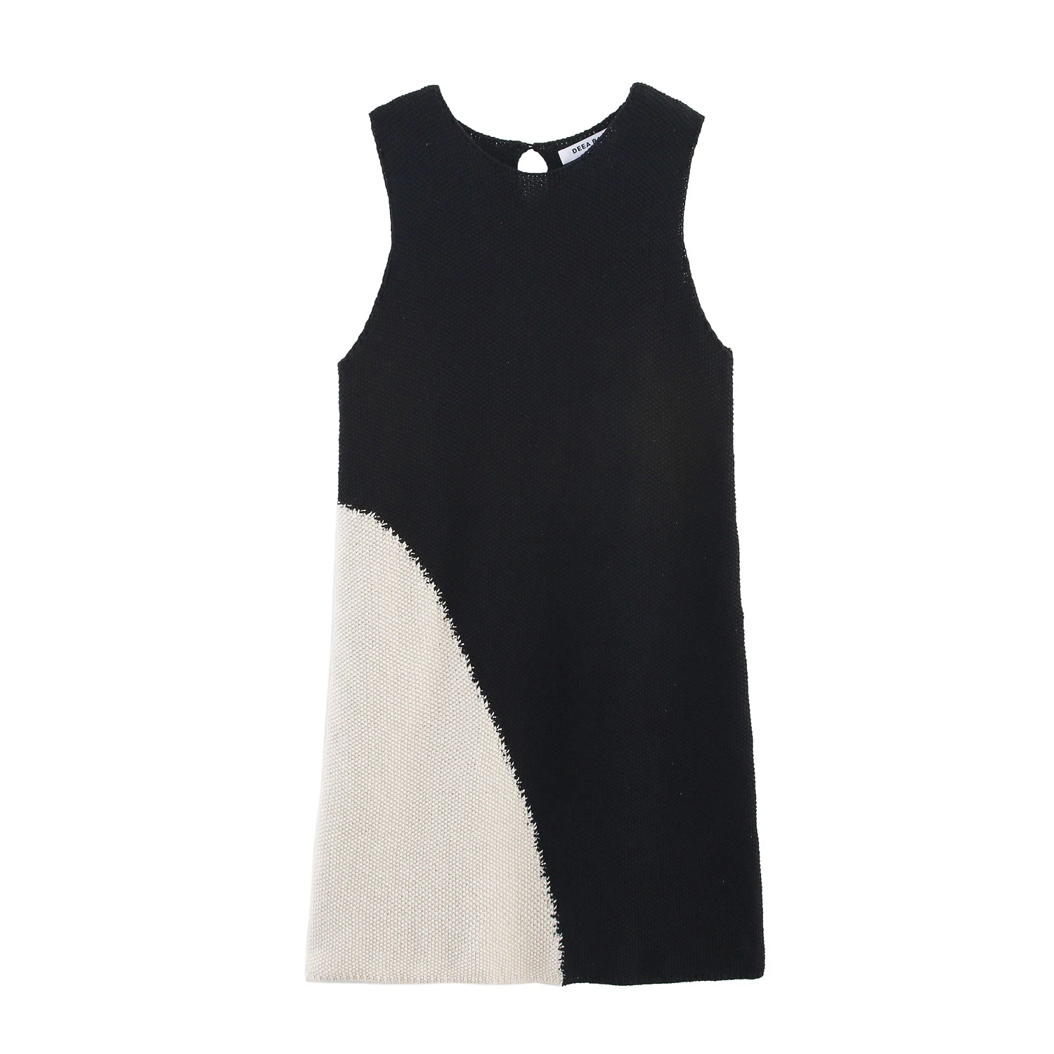Europäisch-amerikanisches Sommerkleid für Damen mit Rückenschlitz, Rundhalsausschnitt, ärmellos, kurz, farblich abgesetzt, aus Strick.