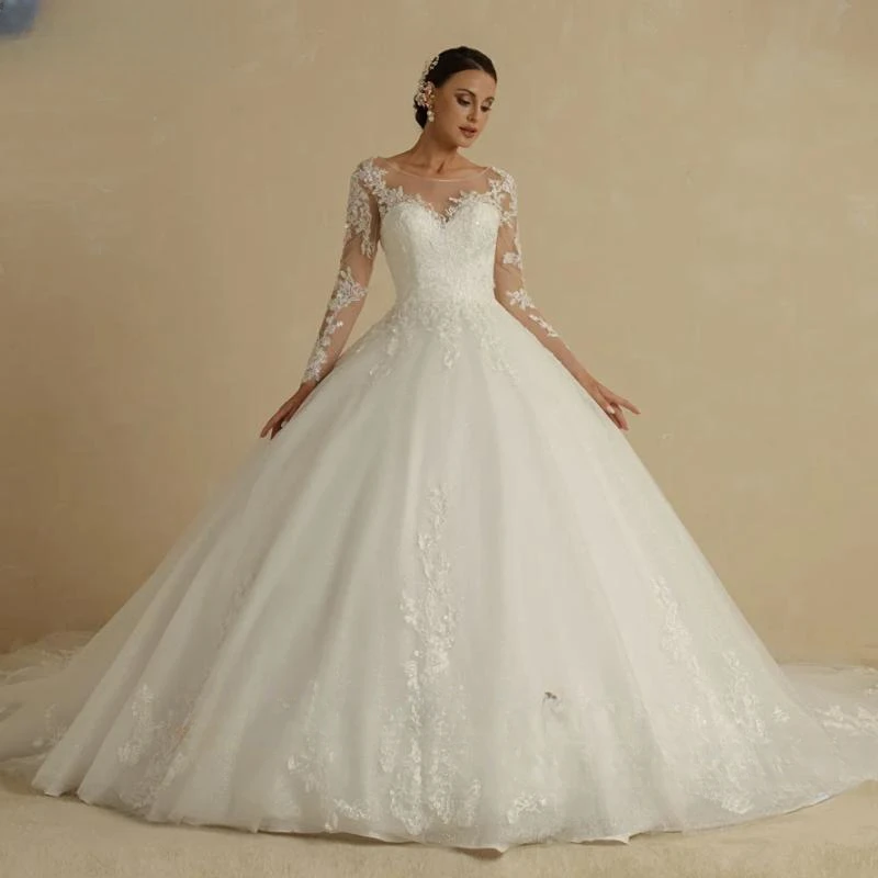 

Exquisite Ivory Scoop Wedding Dresses 2024 For Women Full Sleeves Chapel Train Vintage Dropped Lace Ball Bridal Gown