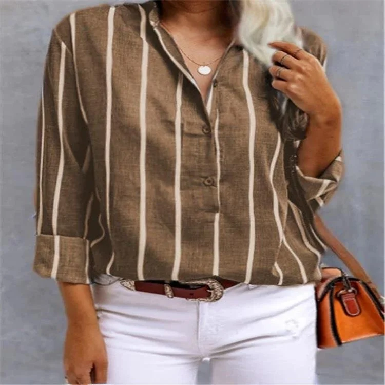 Women's Striped irt f Open Collar Long Sve Straight Cut Polyester Fiber Resistant to Deformation Summer Faion Ladie...