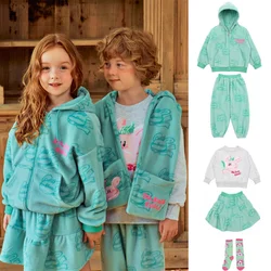 BEBE24 Autumn and Winter New Brother and Sister Wear Cute Korean Version Suede Hoodie Set Children Hoodie Pants Set