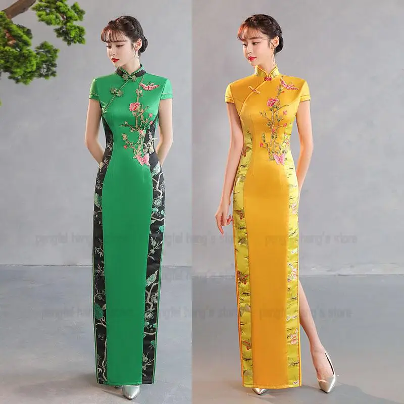 

Luxury Stage Performance Show Dress Chesongam Women Elegant Embroider Flower Qipao Long Vestidos Vintage Mandarin Collar Qipao