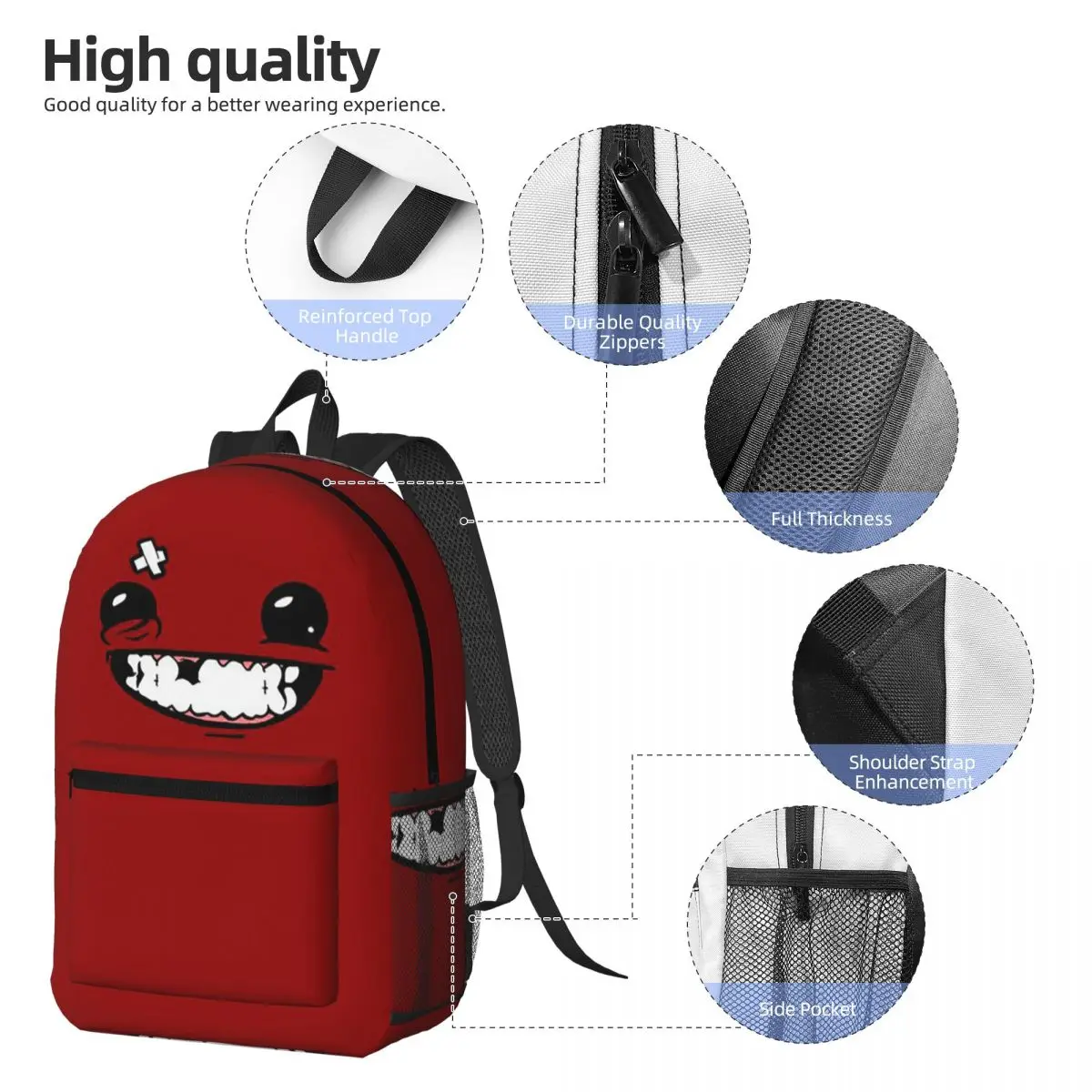 Supermeatboy Logo Super Meat Boy Logo Game Cool Hot New Fresh Red Sexy Smile Backpack BookBag Kids School Bag Shoulder Bags