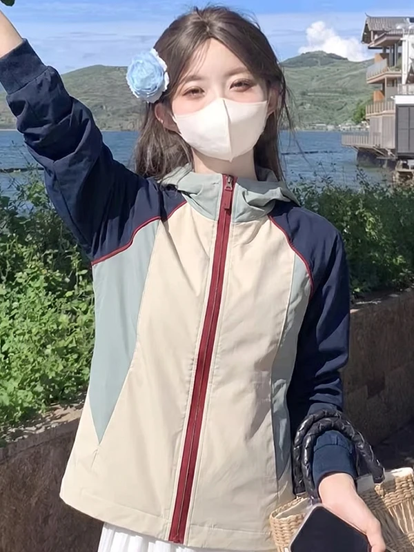 

Summer 2026 Women's Casual Hooded Jacket Color Block Design Versatile Sun Protection Top High Waist Loose Fit Commute Style