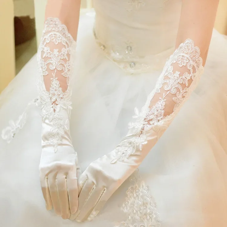 Charming Long Elbow Length Bridal Gloves with Beaded Floral Lace Appliques