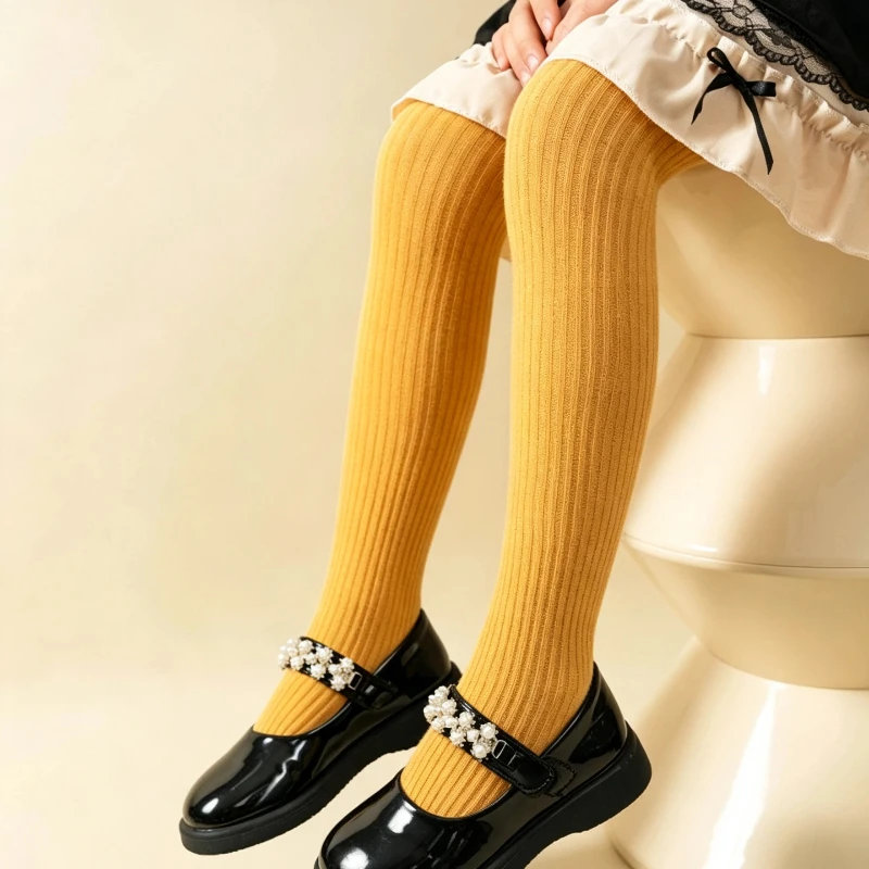 Sweet Girls Classic Spring Autumn Solid Vertical Stripe Pantyhose Minimalist Plain Design Soft Stretchy Anti Pilling Knit Tights