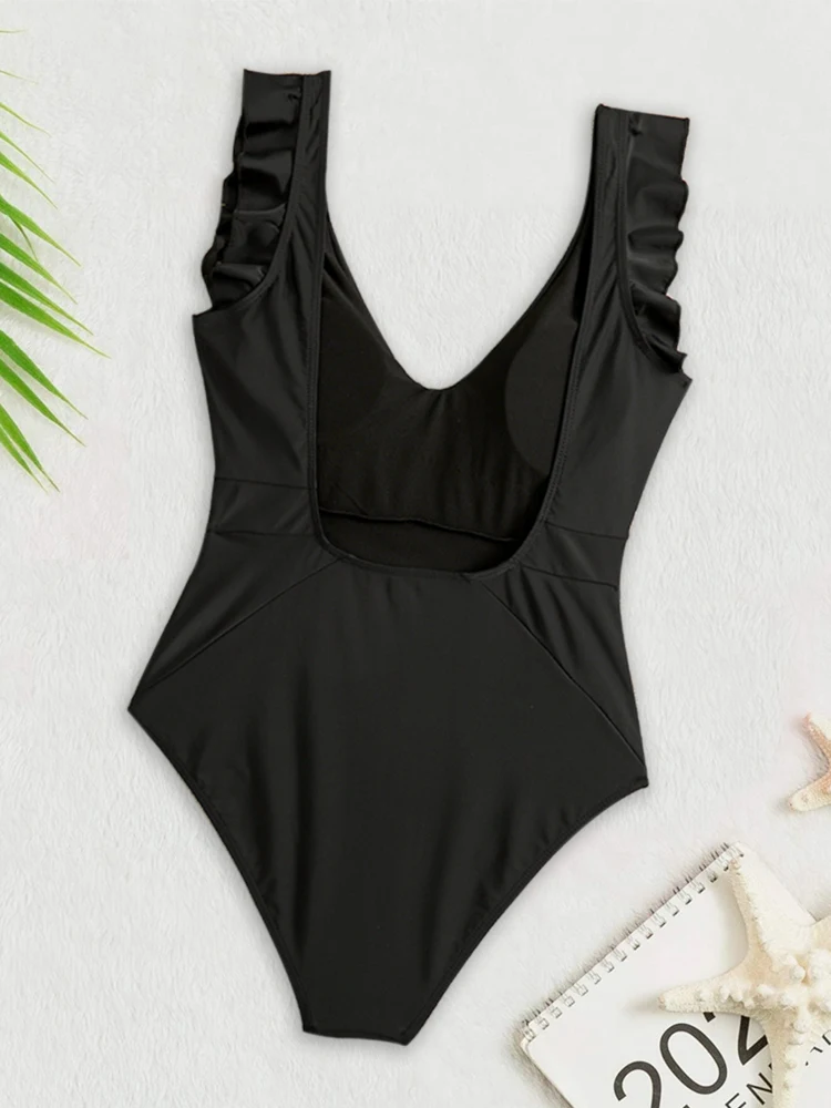 One Piece 2024 New Swimsuit Women Ruffled V-neck Swimwear Backless Bathing Suit Monokini Sexy Summer Beach Wear Tight Bodysuit L