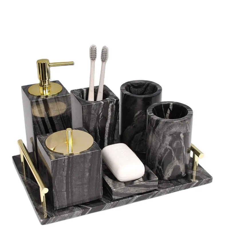 Customized Natural marble Stone Bathroom Liquid Soap Dispenser Toothbrush Holder Gargle Cup Tray Cotton Swab/Tissue Box Gold