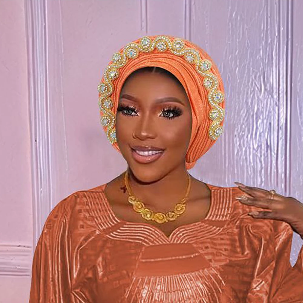Topi Sorban Berlian Mewah untuk Wanita Nigeria Pernikahan Geles Topi Baja Pesta Turbante Mujer Afrika Auto Gele Headtie Head Wraps