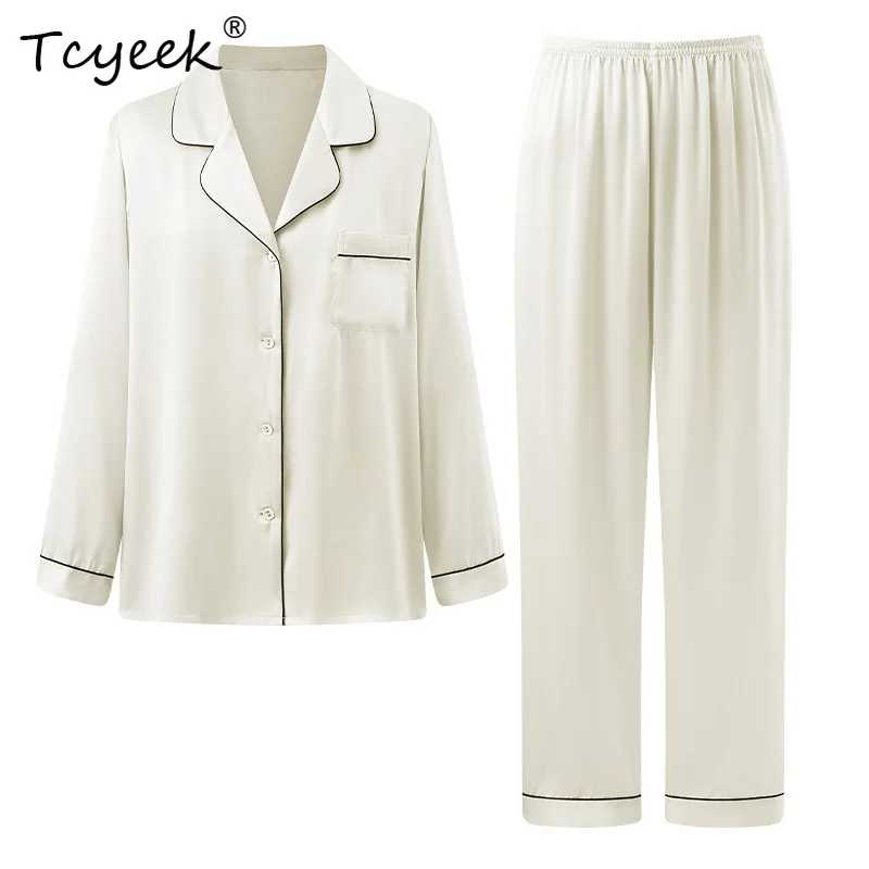 

Tcyeek 100%Pure Silk Female Pajama Suits Long Top and Pant Silk Pajama Sets M-XXL Pijama Home Suit Autumn Spring New S38002QM