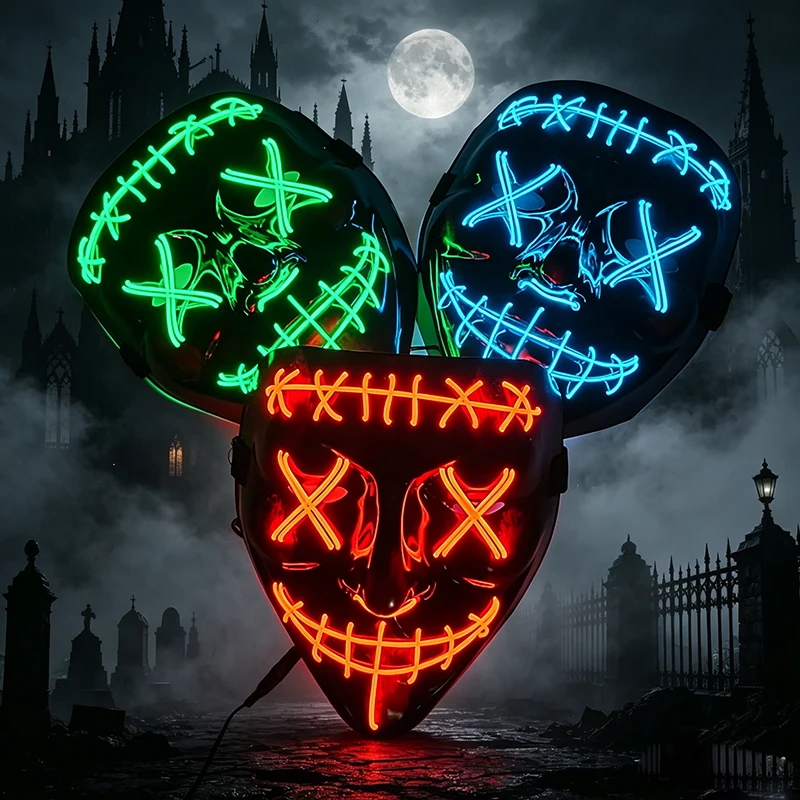 Máscara de Purge con Luces LED de Neón Intermitentes para Cosplay 2026, Máscara de Cabeza para Adultos, Accesorio Festivo que Brilla en la Oscuridad