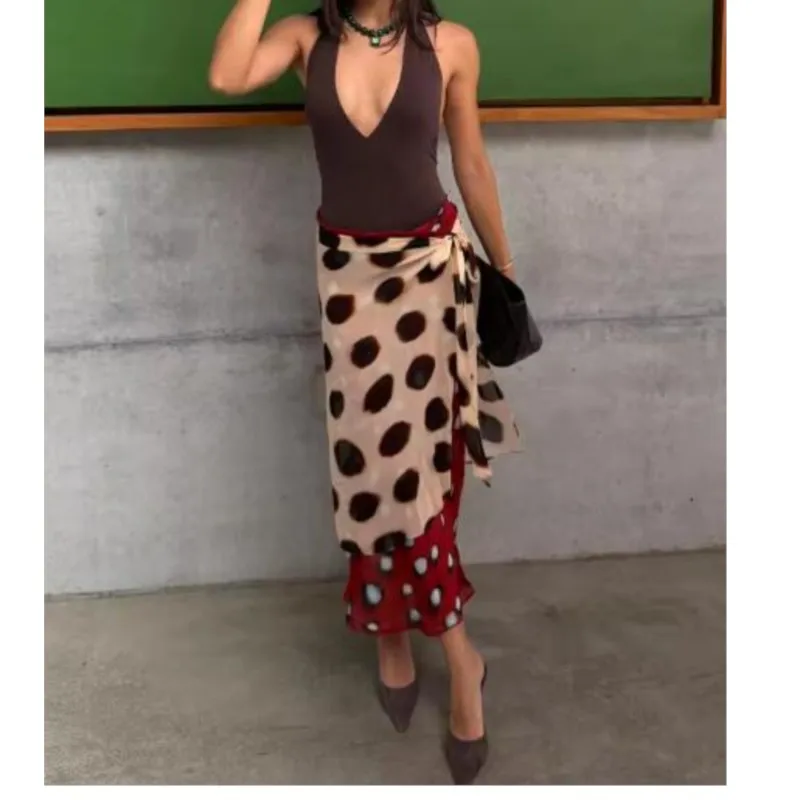 Women's Polka Dot Wrap Around Skirt Summer Contrast Double-layer Lace-up Skirt Irregular Hem Fashion Casual Vacation Midi Skirts