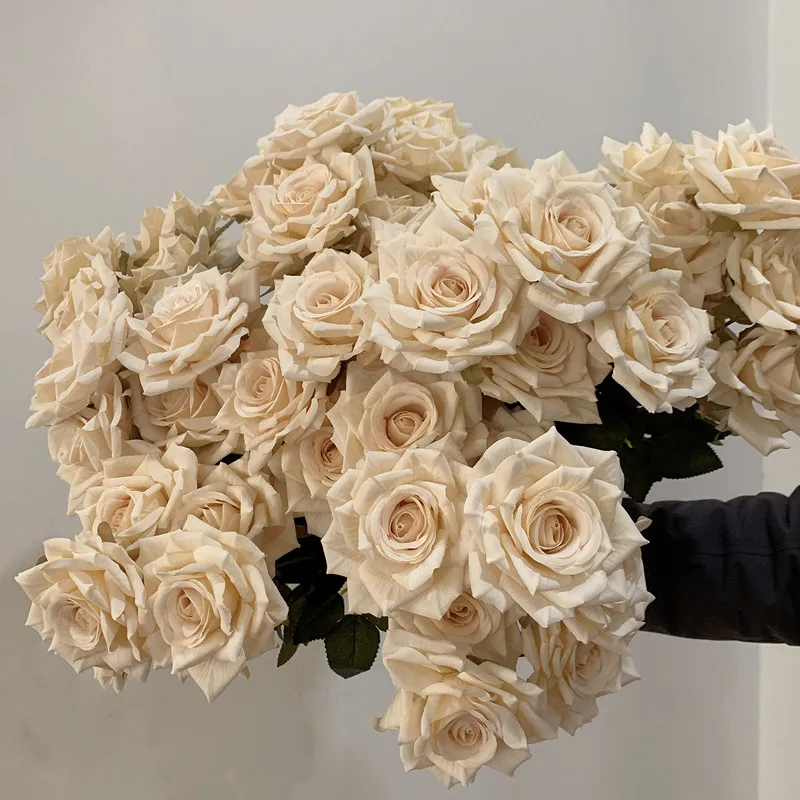 7Heads Roses Bouquet Artificial Flower Beige Ivory Vintage Rose Living Room Dry Flower Decoration Wedding