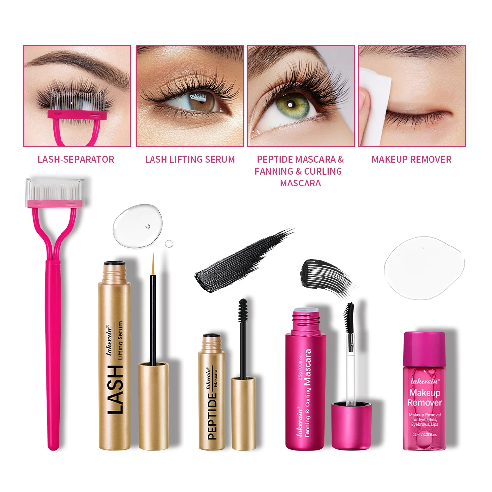 Deluxe wimperset bevat wimperserum, peptide voedende mascara, krullende mascara, wimperkam en oog- en lipmake-up verwijderaar