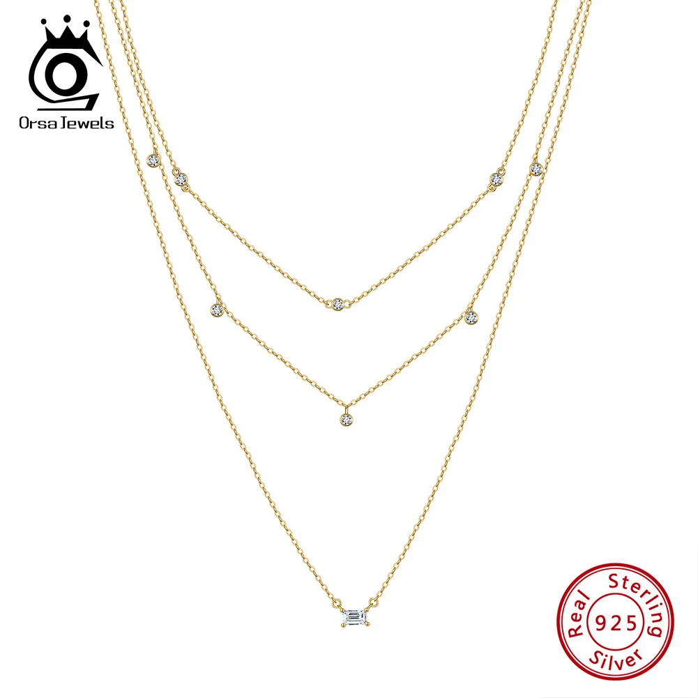 

ORSA JEWEL 925 Sterling Silver Three Layered CZ Choker Chain Women Small Round Pendants Zirconia Long Link Chain Necklace BQN10