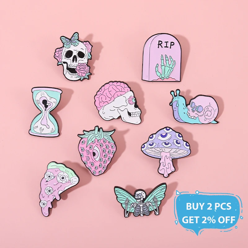 Skull Skeleton Enamel Pin Intensive Eyes Strawberry Pizza Mushroom Backpacks Brooches Punk Gift For Friend Party Jewelry