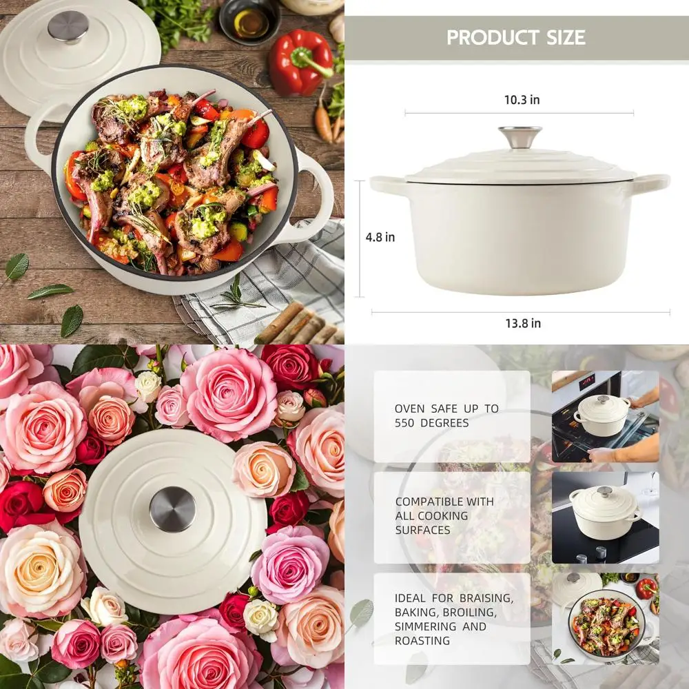 

Голландская печь из эмалированного чугуна на 6 литров с крышкой — двойные ручки — безопасная в духовке до 500 ° F - Универсальная кастрюля (крем, 6 QT)