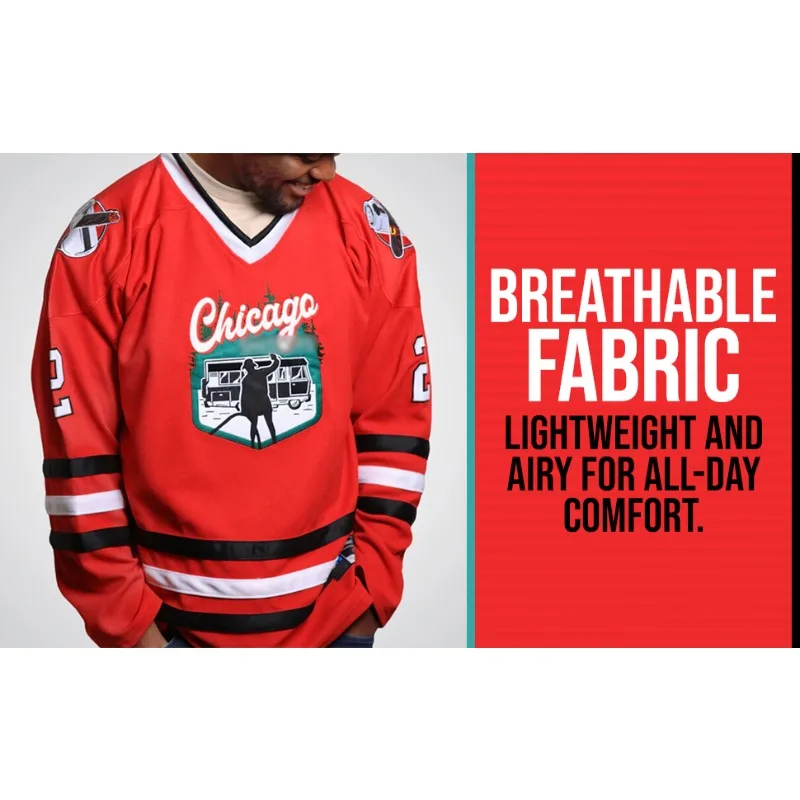 Unisex Hotsale 3D All‑Over Print Eddie 2 Inspired Chicago Hockey Jersey Red Black Striped Long Sleeve Fan Supporter Sport Jersey