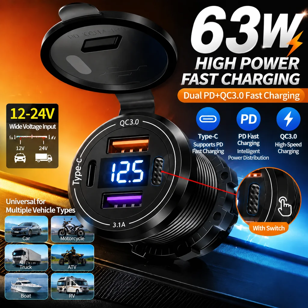 63W Type-c Fast Car Charger with Voltage Display, 12-24V Universal Modified Power Adapter with Switch for Cars & Motorcycles