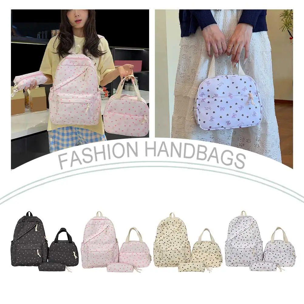 3Pcs Nylon Bow Print Backpack Large Capacity Travel Bag Sets Travel Daypack Bag for Teens Women Women College Outdoor