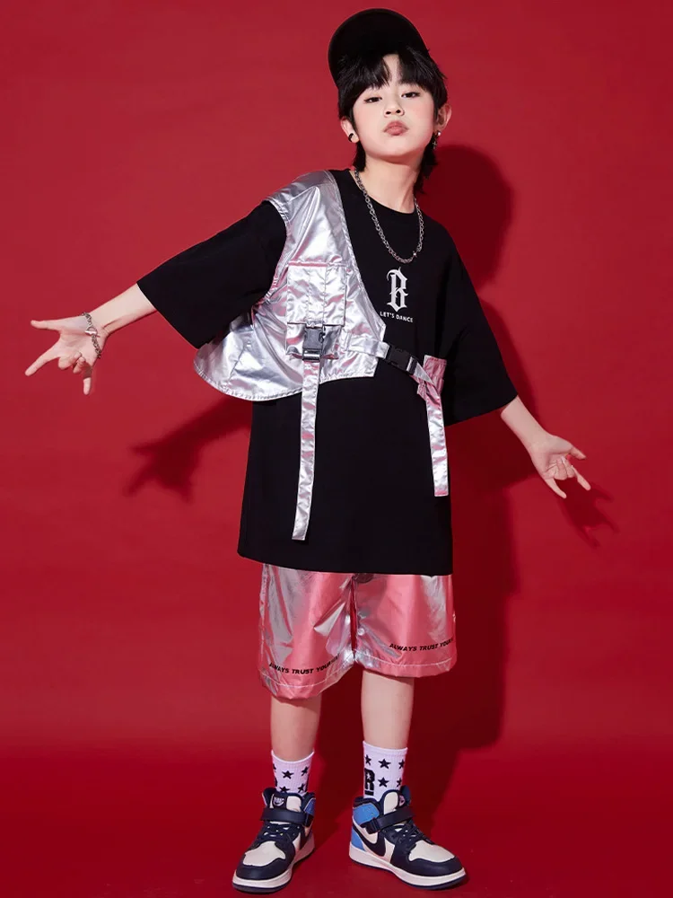 어린이 재즈 댄서 의상 소년을위한 블랙 탑 실버 짧은 조끼 소녀 힙합 패션 streetwear 무대 공연 의상