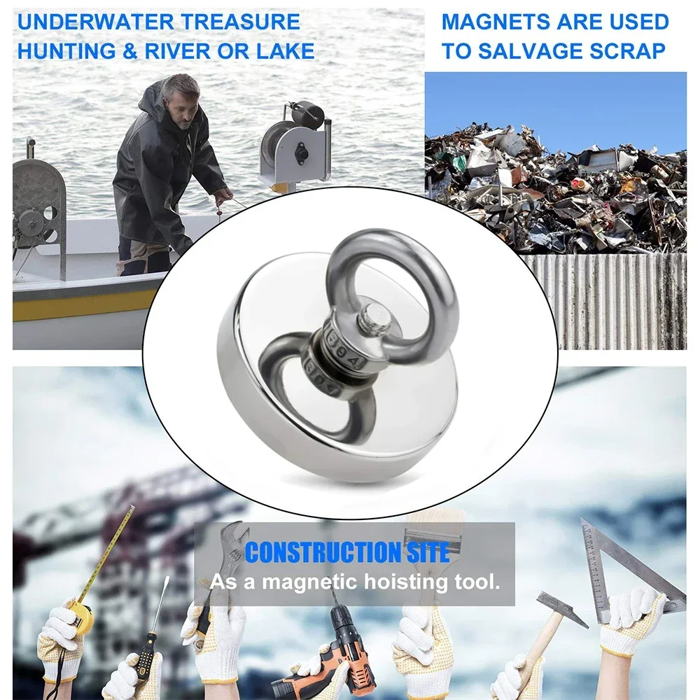 Super Strong Neodymium Fishing Magnet Hook N52 Iman Rare Earth Magnet With Countersunk Hole Eyebolt Rope 20-60mm Salvage Magnet