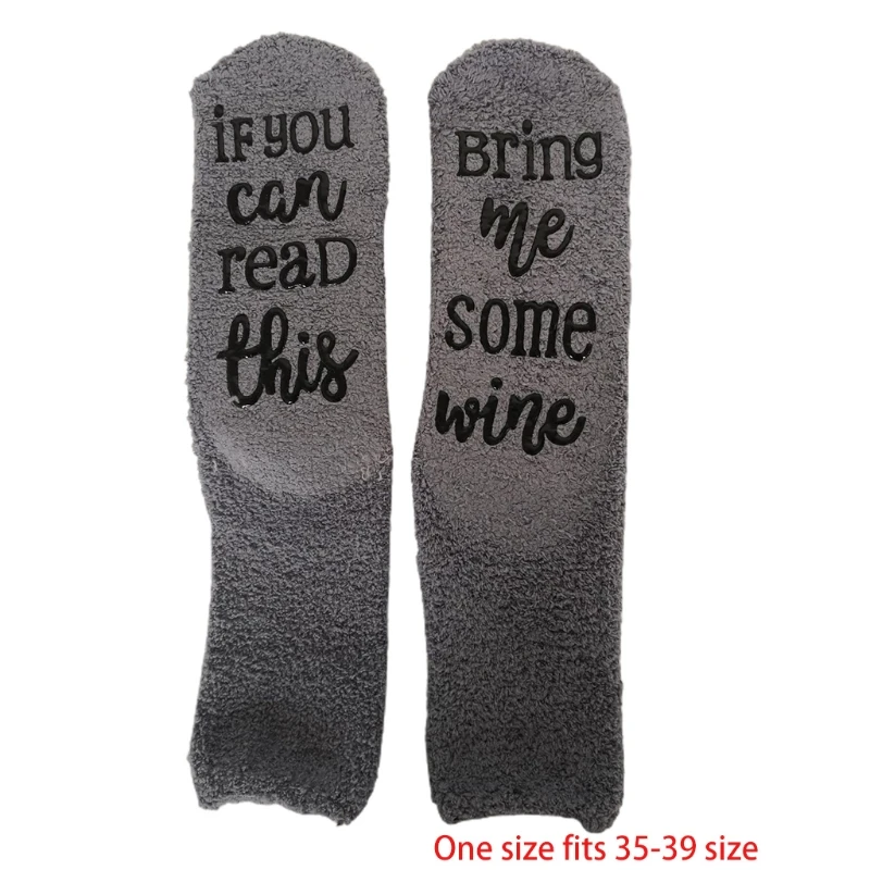 Women Winter Fuzzy Plush Slipper Crew Socks If You Can Read This Bring Me Some Wine Phrase Warm Hosiery Funny Gifts with Cupcake