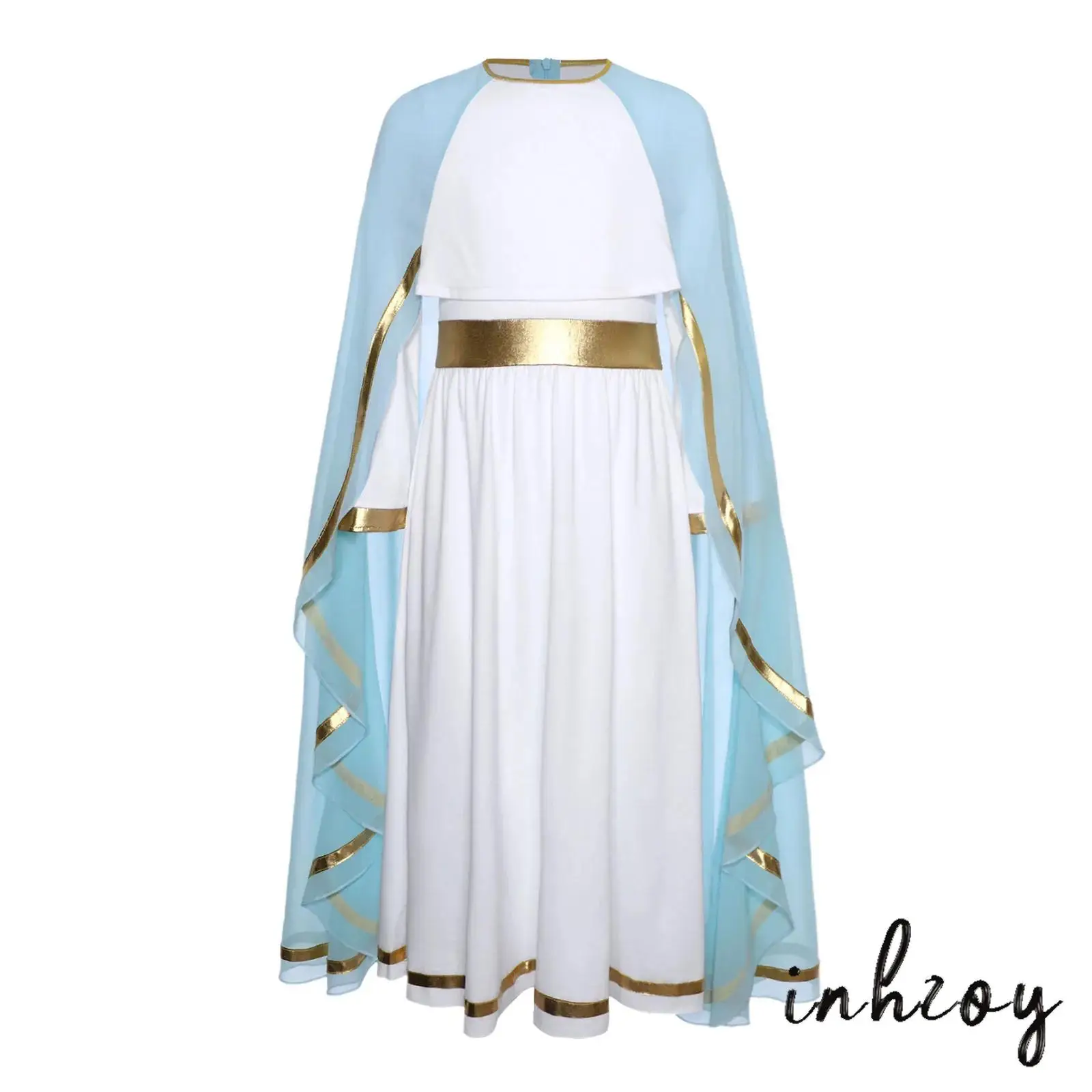 

Girls Virgin Mary Costumes Round Neck Long Sleeve Ruffled Dress with Cape And Invisible Zipper for Halloween Carnival Cosplay