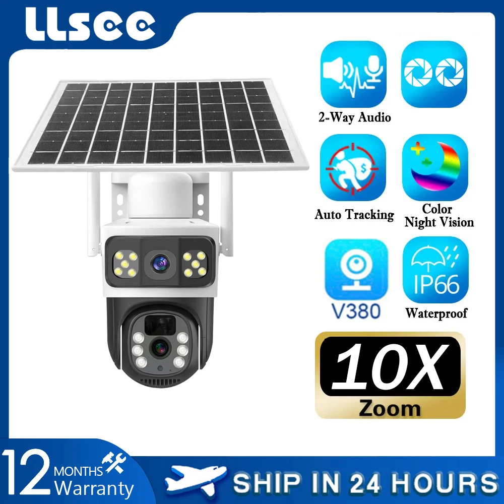 LLSEE， Solar closed-circuit television, V380, 8MP, 10X, dual lens, 4G SIM card, outdoor WIFI wireless security solar camera,