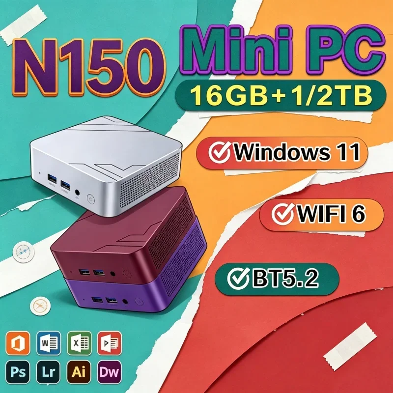 MINI PC Intel N150 Windows 11 Clear Gaming PC 16GB RAM 1TB 2TB SSD Mini PC Computer Office Gamer Wifi6 BT5.2 Desktop