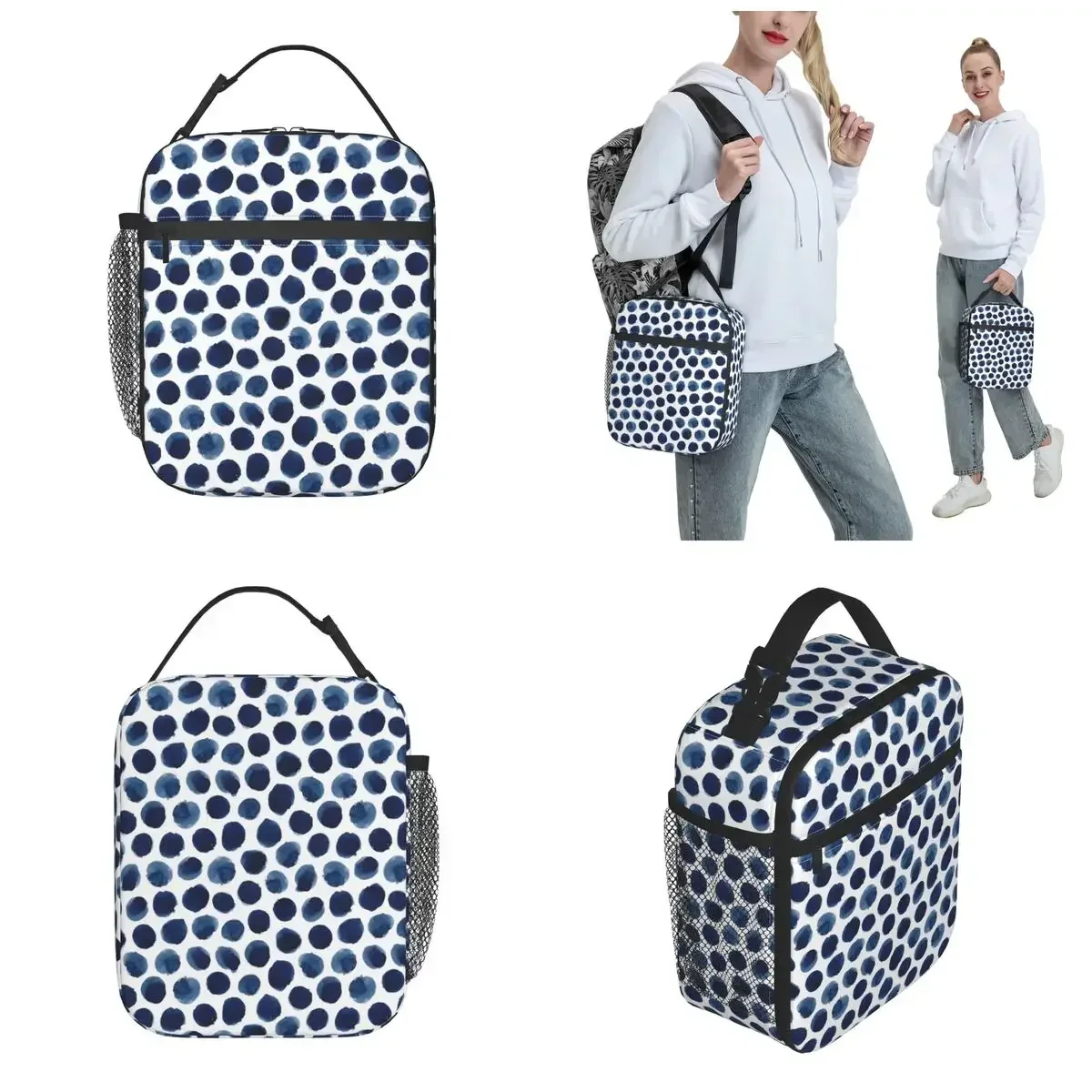 Grande IndigoBlue Aquarela Polka Dot Isolado Lunch Bag, Recipiente de Refeição, Tote Portátil, Caixa de Escritório para Homens e Mulheres