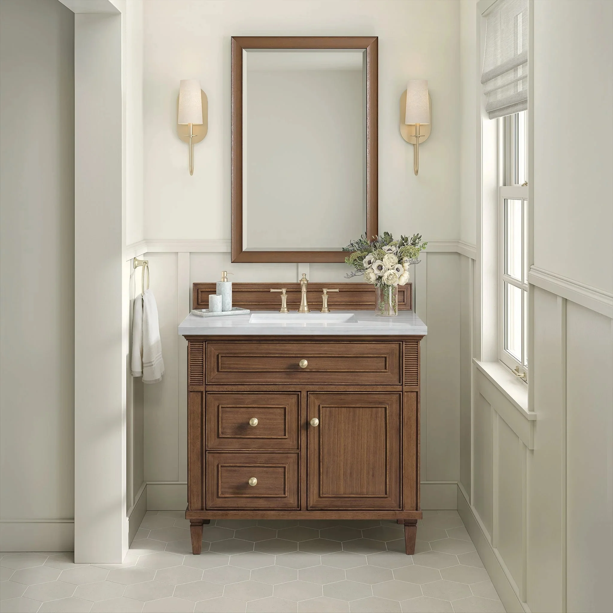 Custom Mid-century Walnut Bathroom Vanity Solid Wood Classical Style Cabinet With Quartz Countertop 36'' Single Ceramic Sink