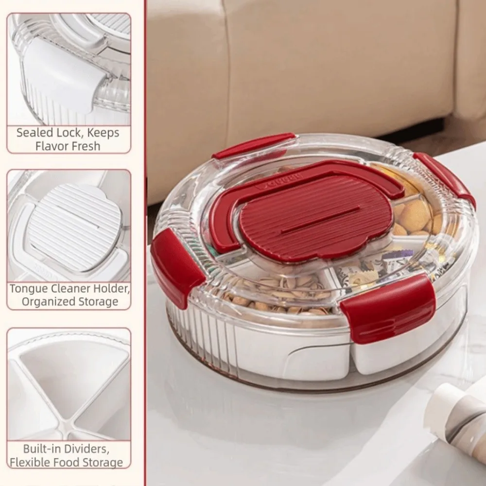 Sealed Rotating Serving Tray Divided Compartmentalized Snack Storage Box Durable Transparent Lid Rotatable Snack Container