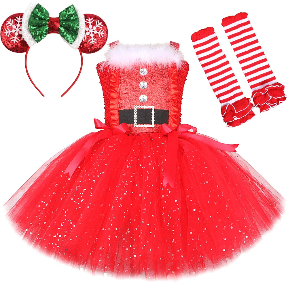 

Sparkly Christmas Elf Tutu Dress for Girls Santa Claus Costumes for Kids Birthday Halloween Outfit Children Xmas Holiday Clothes