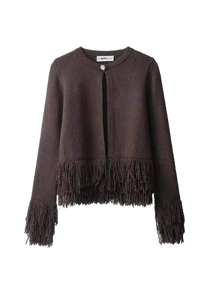 HH 2025 أنثى الخريف سترات فضفاضة غير رسمية الصلبة س الرقبة شرابة الديكور زر المرأة موضة طويلة الأكمام معاطف سترة