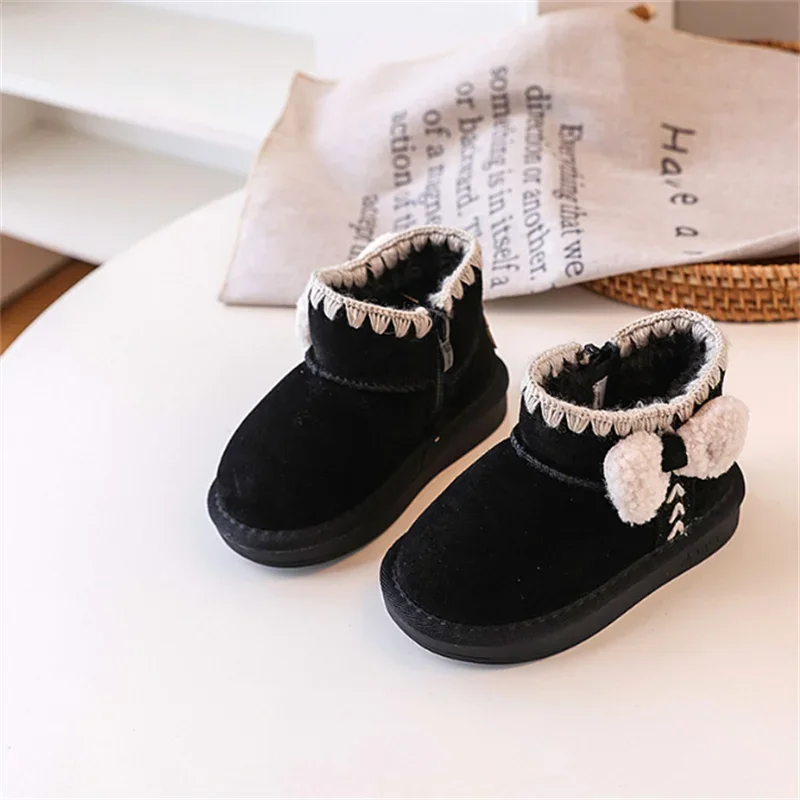 Children's Snow Boots For Girls Leather Butterfly-knot Warm Plush Fashion Toddler Kids Boots EU 21-30