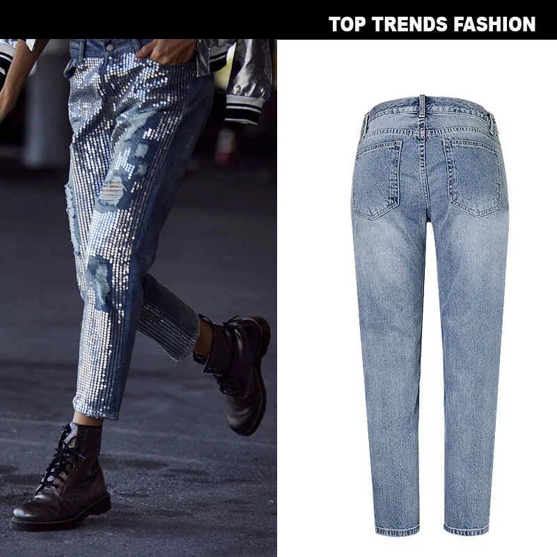 Imagem -03 - Denim Feminino com Furos Angustiados Retalhos de Lantejoulas Comprimento do Tornozelo Calça Reta Algodão Jean Streetwear Estilo Coreano Moda