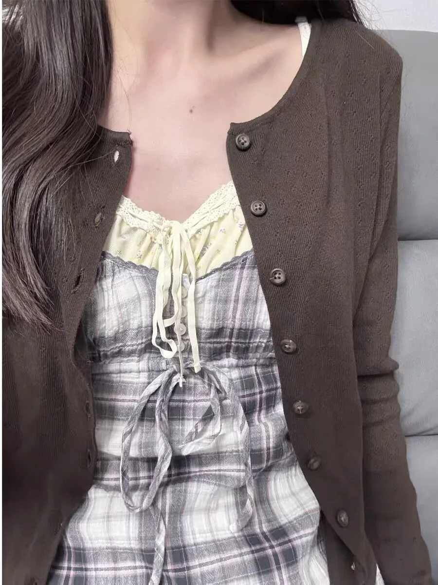 Marrom ilhó malha cardigan feminino outono novo casual algodão manga longa camisola casaco feminino vintage simples básico blusas topos