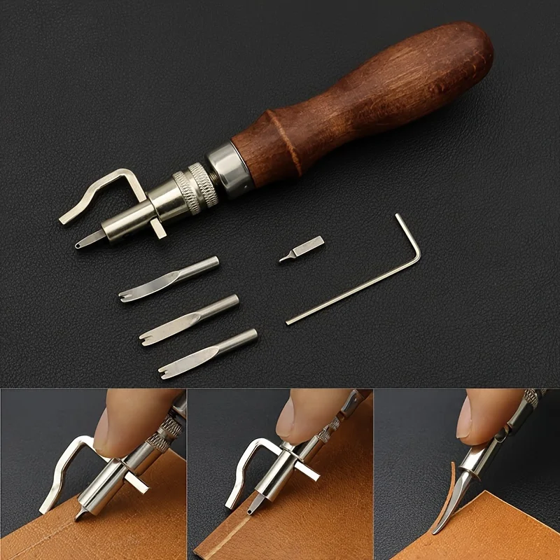 Ferramenta de Corte e Vinco de Couro 7 em 1, Kit Profissional Ajustável para Costura, Vinco e Biselagem de Bordas, Ferramenta de Escultura e Corte de Couro para DIY