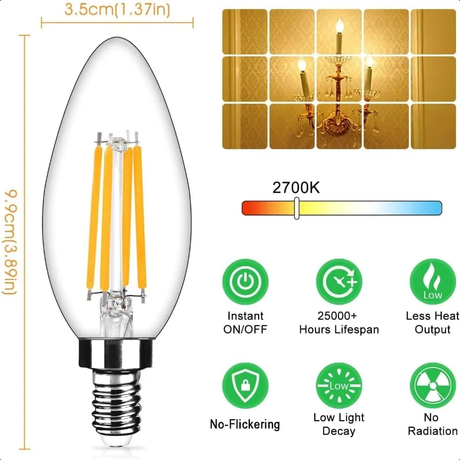 12Pack Dimbare E12 LED Kandelaar Lampen 40Watt Equivalent 2700K Warm Wit 450Lumen 4W B11 Kroonluchter Gloeilampen LED Filame