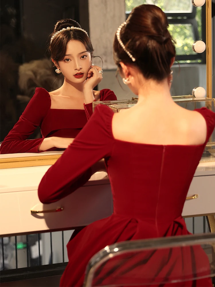 

Red Velvet Long Sve Wedding Dr Slimming Women's Faion Korean Sle mid Waist Zipper Bal Gown for Engagement Parties