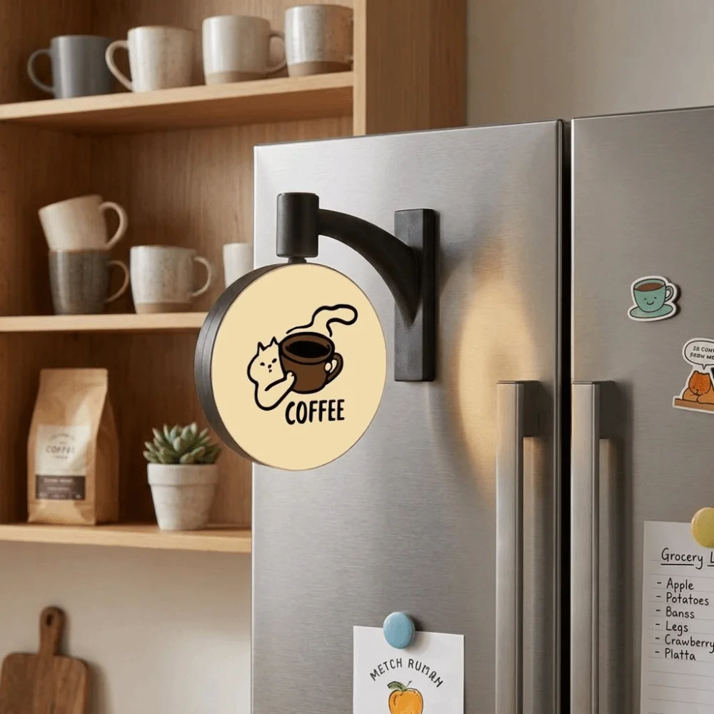 Magnetic Coffee Corner Light Sign Cartoon Cat Retro Glowing Cat Fridge Magnet Rotatable Soft Light