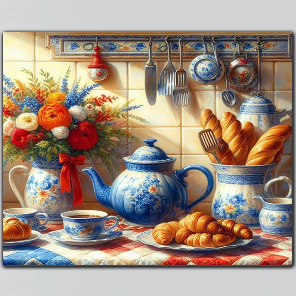 

Набор для вышивания алмазной мозаикой DIY: украшение для кухни, кофейник, хлеб, цветы. Новинка! Полный комплект для вышивания крестиком.