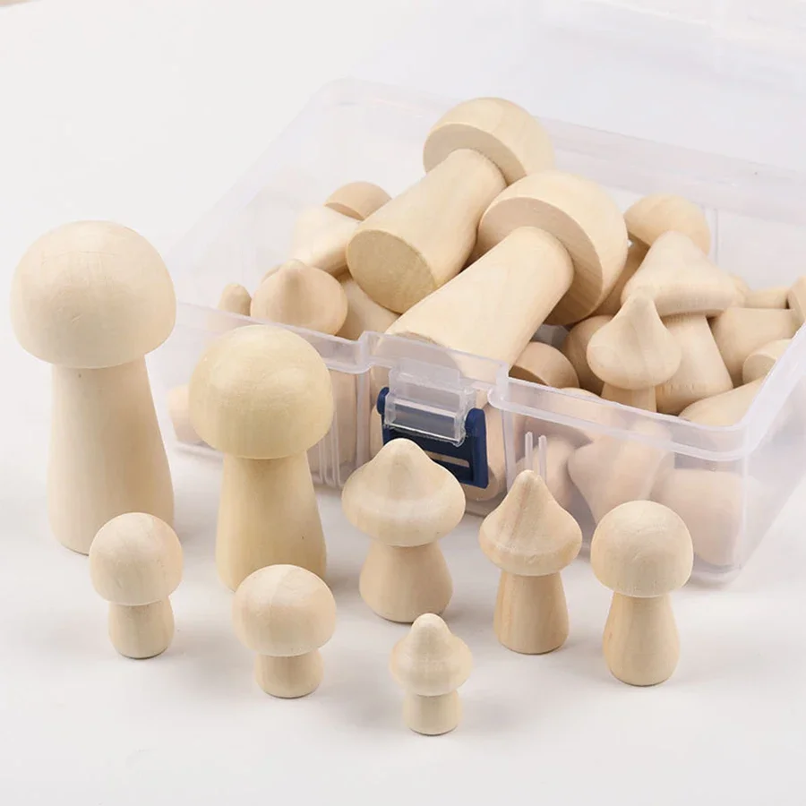 34 Pieces Unfinished Wooden Mushrooms 8 Different Sizes Unpainted Wood Mushrooms Figures for Arts and Crafts