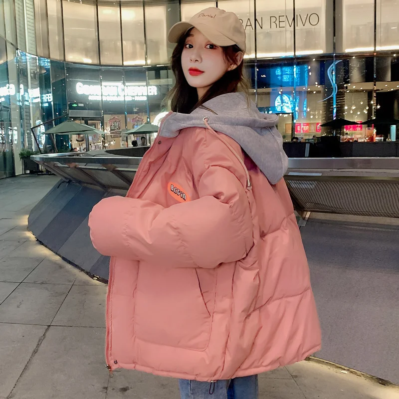 Women Thick Bread Jacket Short Down Cotton Parkas Overcoat Korean Style Loose Winter 2024 New Fake Two-piece Hooded Tops Coats