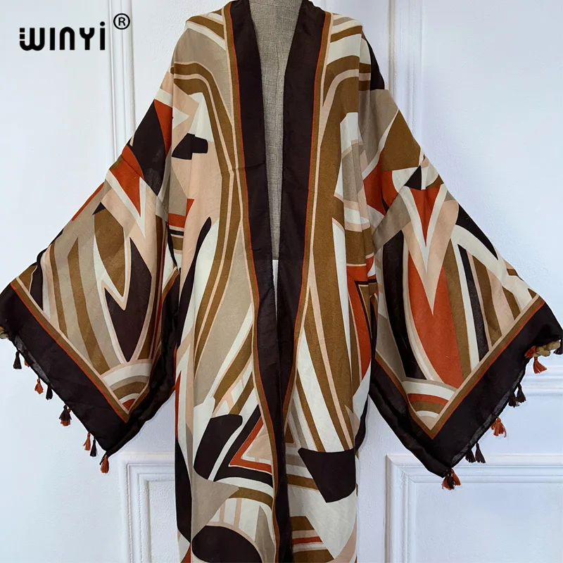 WINYI summer outfit kimono africa Abstract print beach cover up maxi dress cardigans beach wear women 2024 abaya dubai luxury