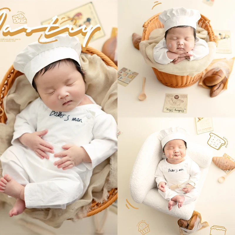 

Newborn Photography Little Chef Costume Simulated Bread Whisk Kitchen Creative Props White Chef Hat Jumpsuit Infant Photo Set