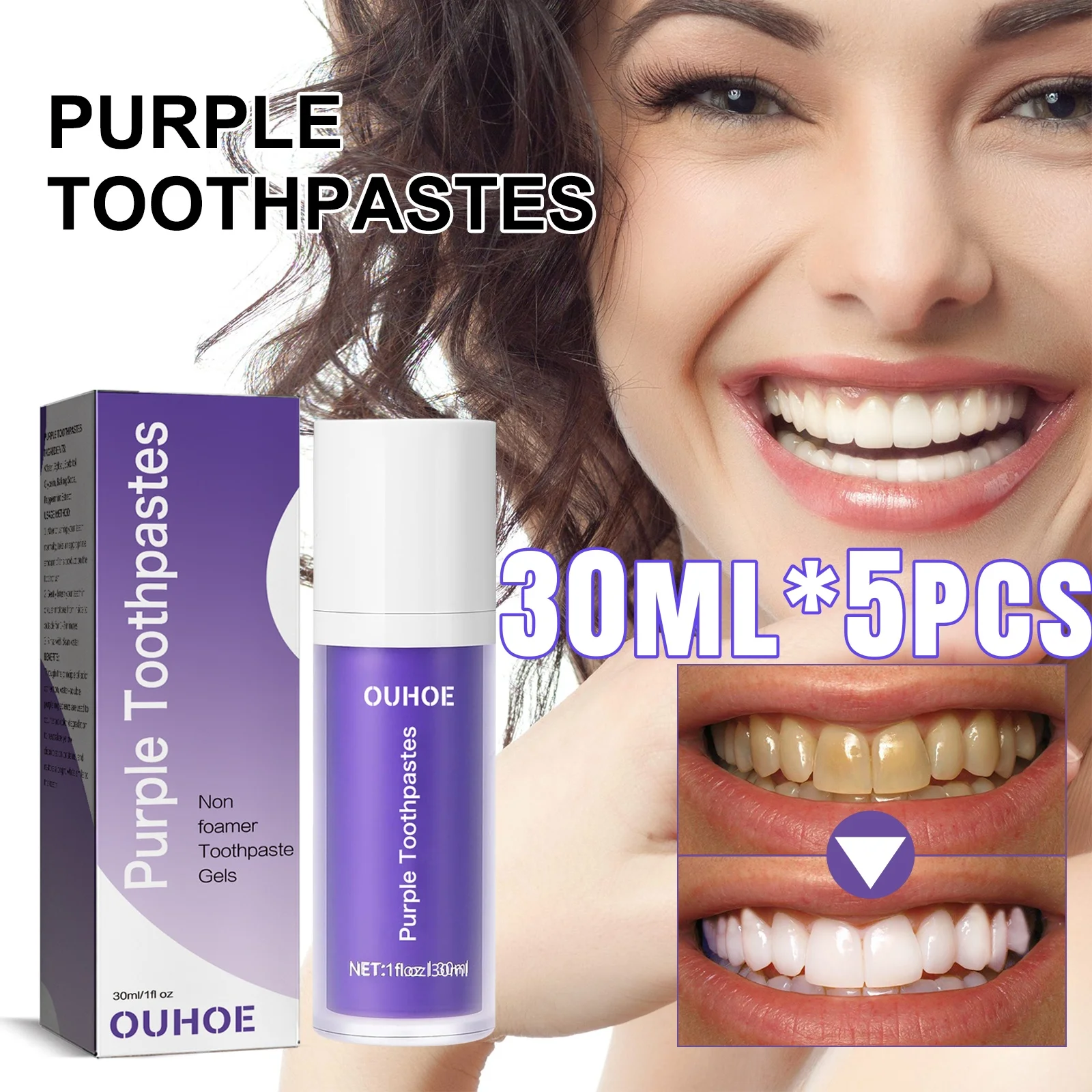 5 uds 30ML V34 blanqueamiento púrpura dientes amarillos pasta de dientes limpieza de espuma eficaz eliminación de manchas de dientes producto de limpieza bucal