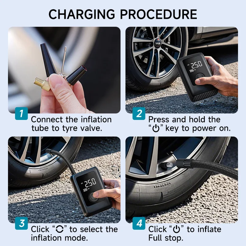 7.4V Portable Air Compressor for Car Tires Wireless Automatic Fast Inflation for Cars Bikes Motorcycles Black