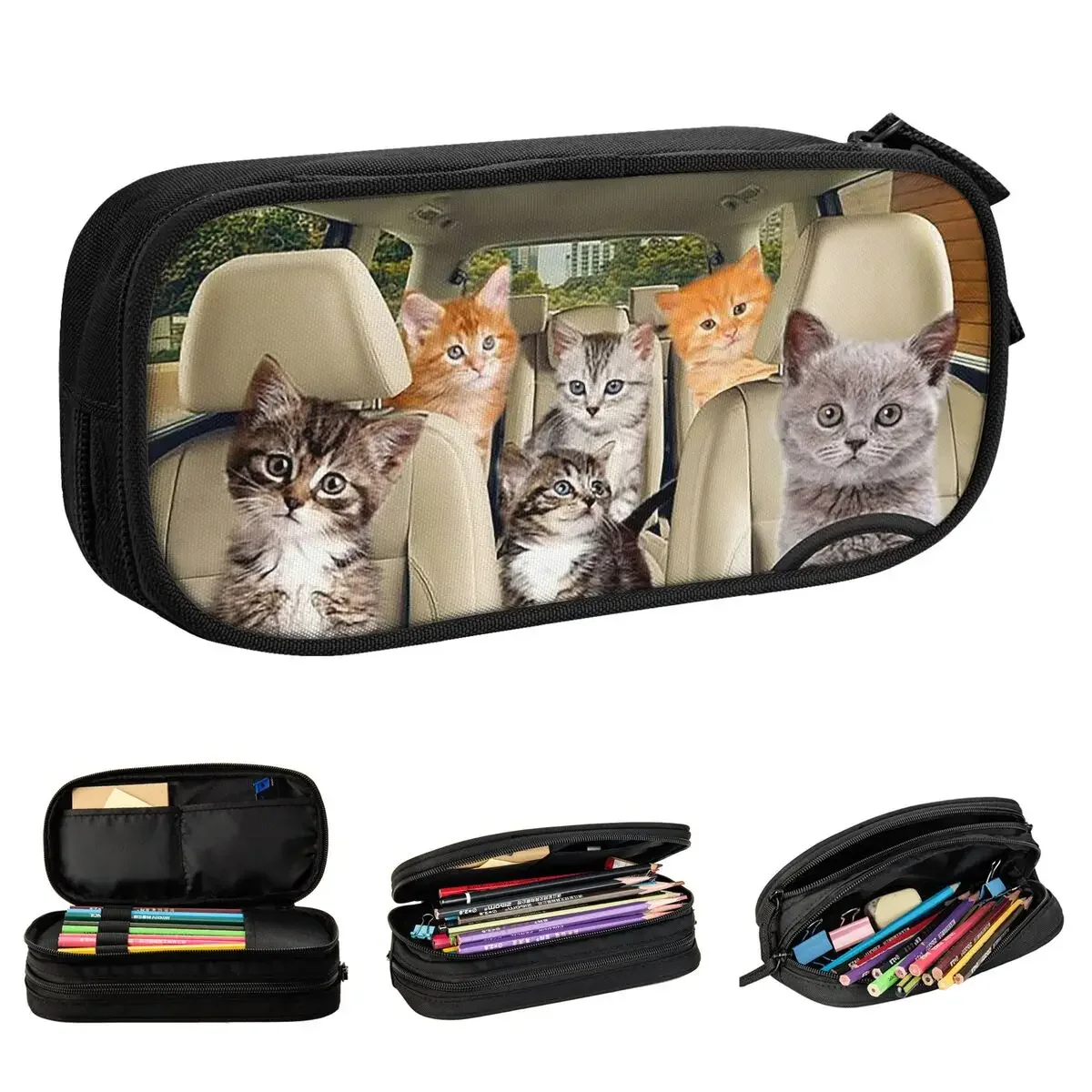 Cute Cat Pencil Cases Animals Driving Pencil Box Pen Holder for Girls Boys Large Storage Bags School Supplies Zipper Stationery