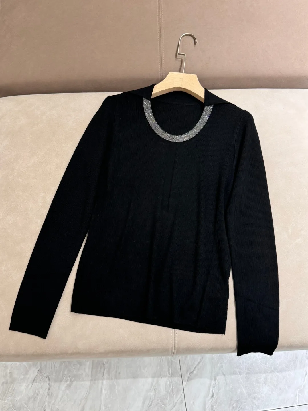 Knitted long sleeve merino wool exquisitely trimmed basic solid color blouse